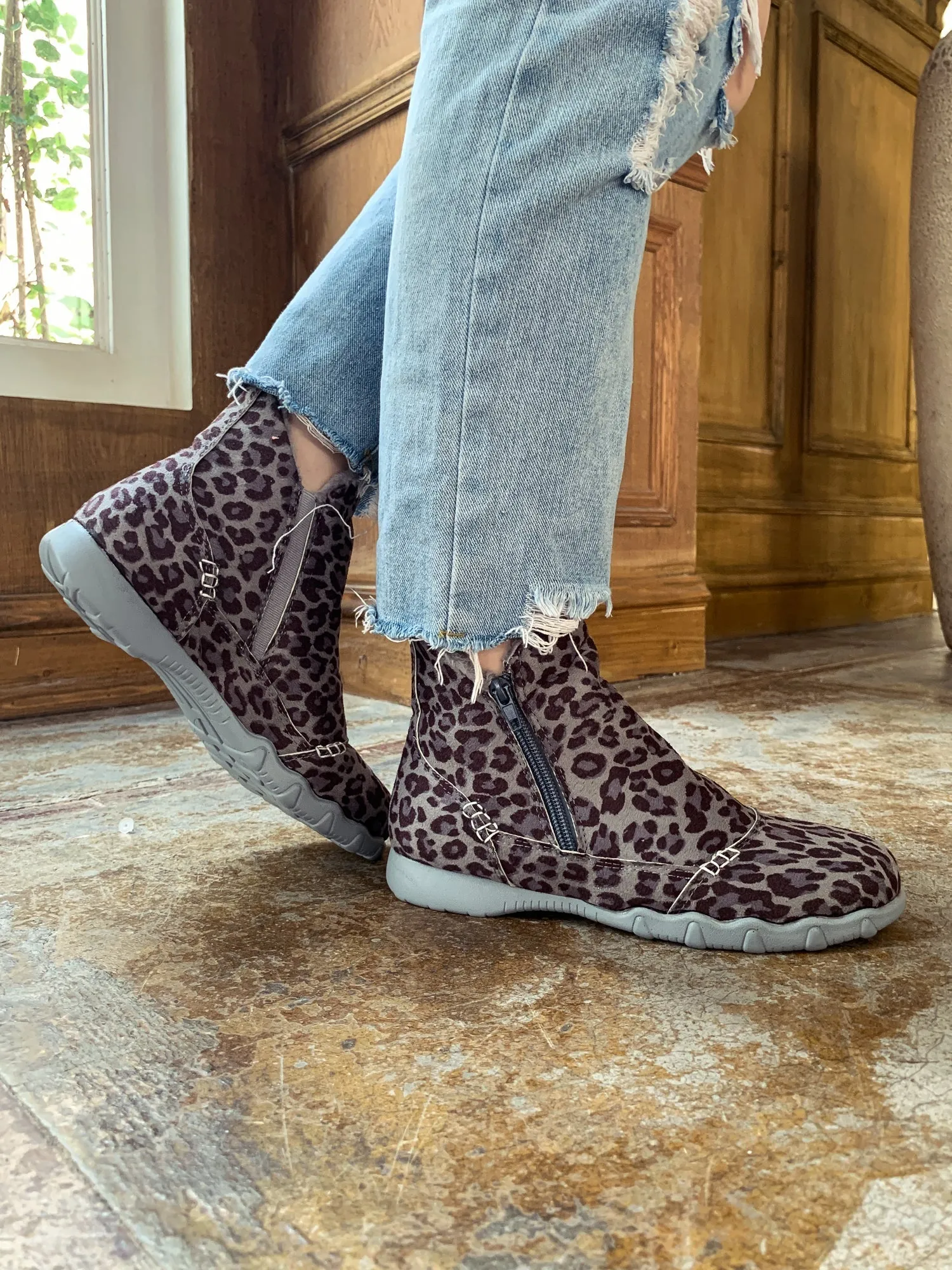 Grey Leopard Plush-Lined Low Ankle Boot