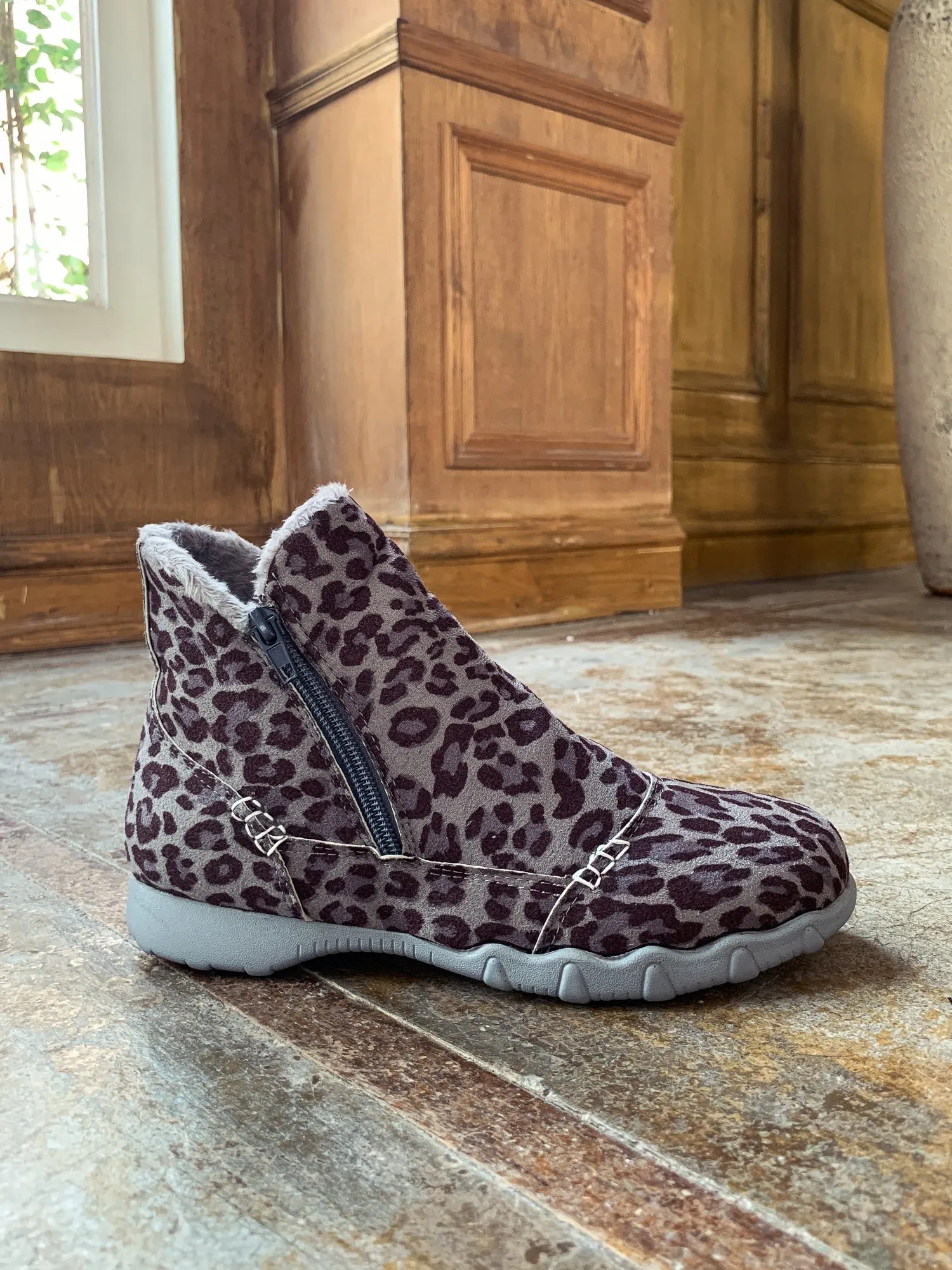 Grey Leopard Plush-Lined Low Ankle Boot