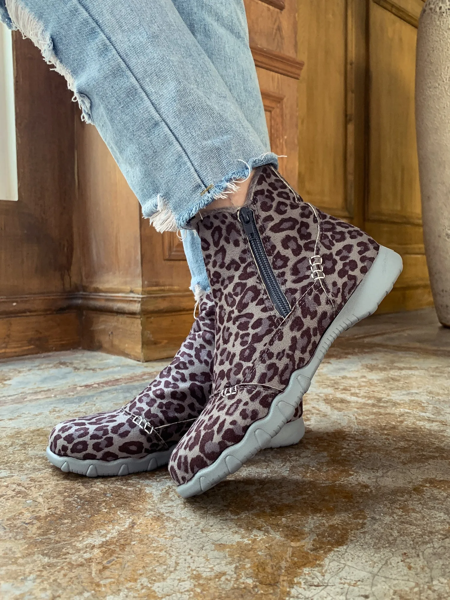 Grey Leopard Plush-Lined Low Ankle Boot