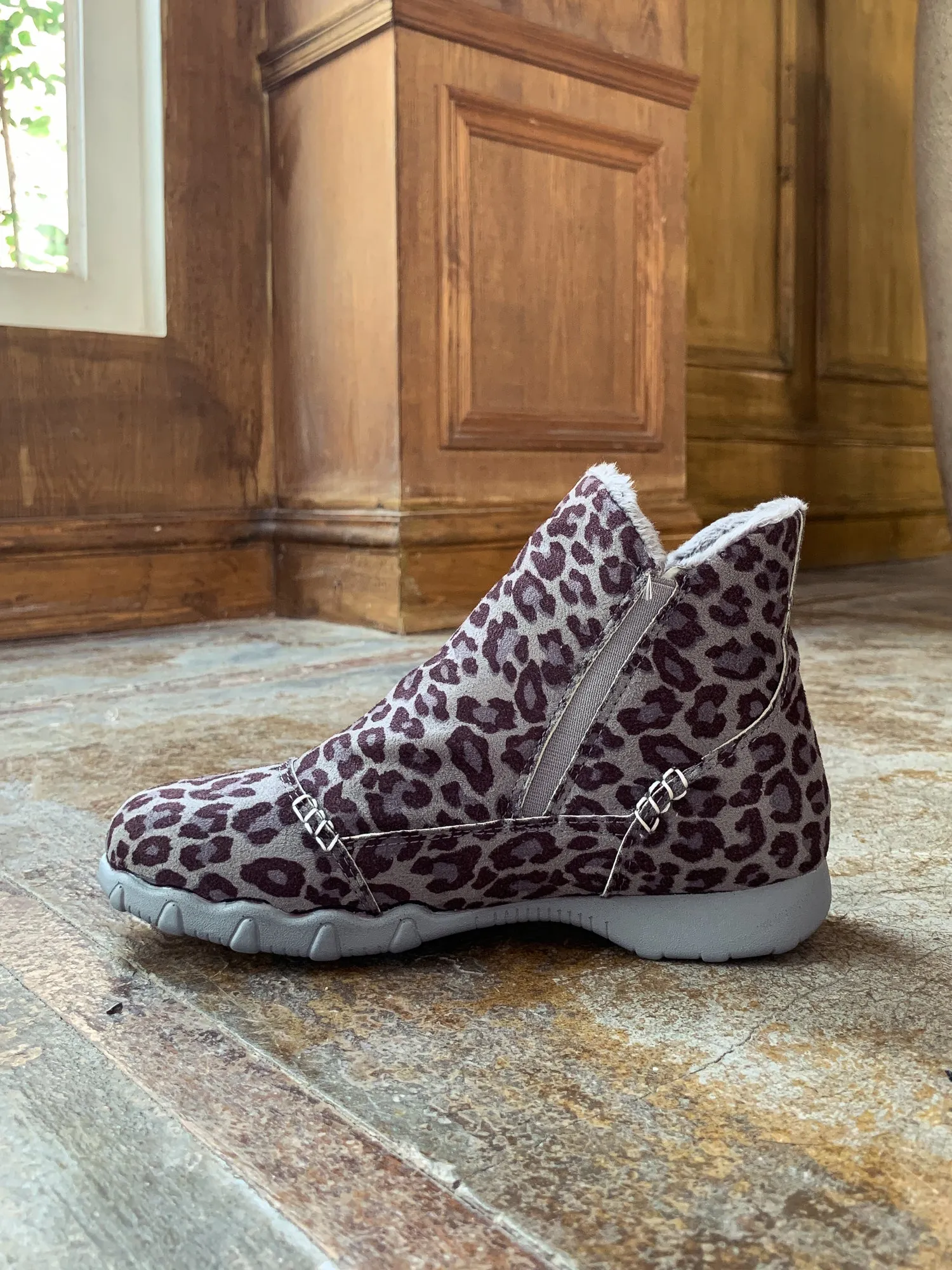 Grey Leopard Plush-Lined Low Ankle Boot
