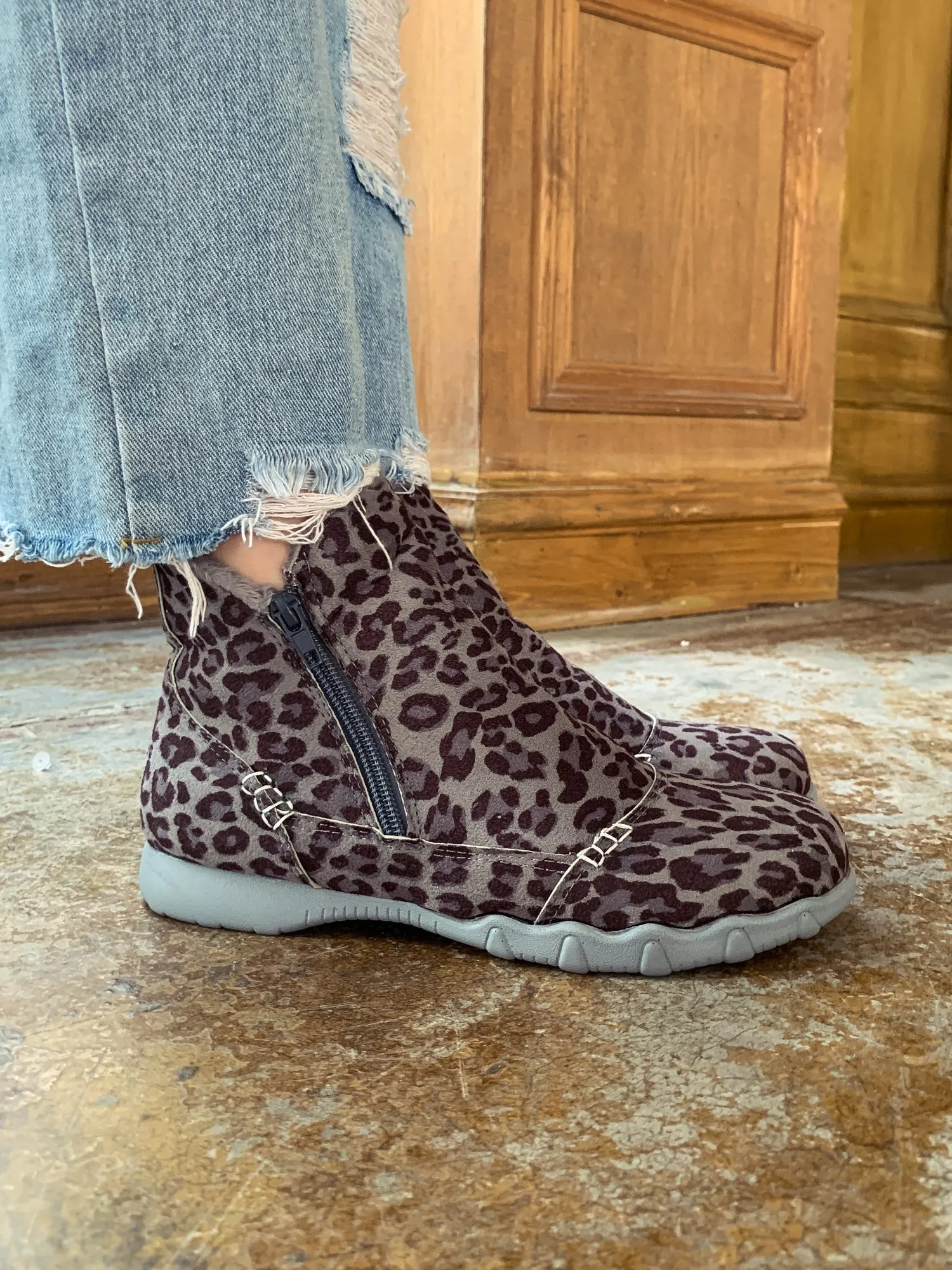 Grey Leopard Plush-Lined Low Ankle Boot