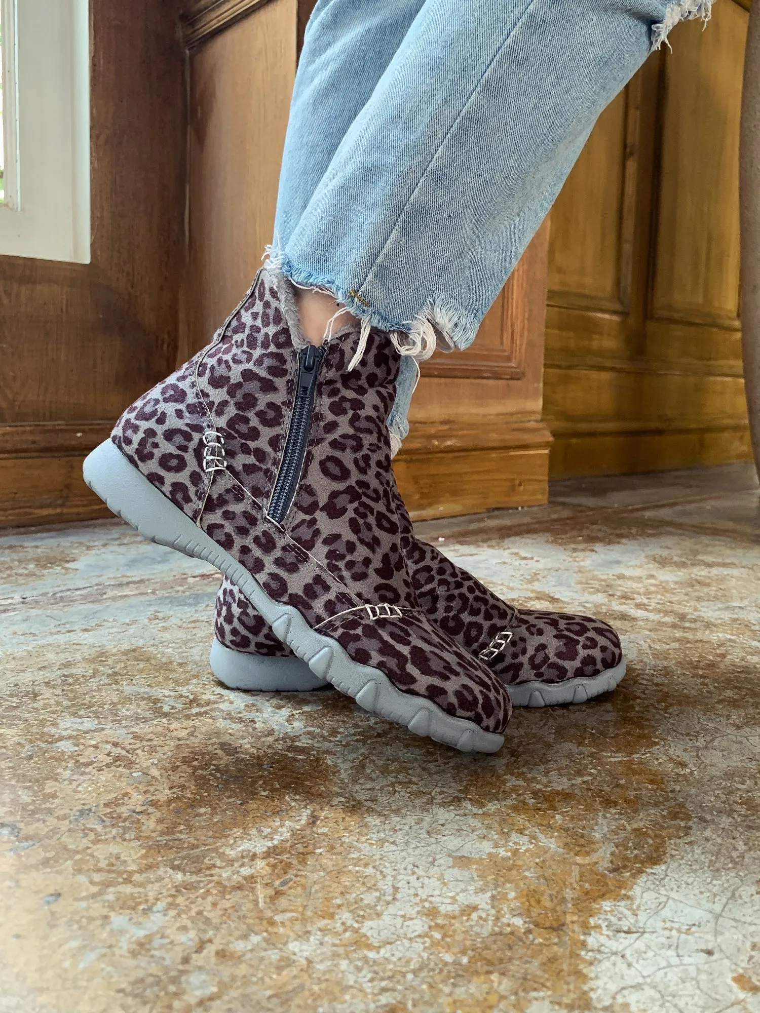 Grey Leopard Plush-Lined Low Ankle Boot