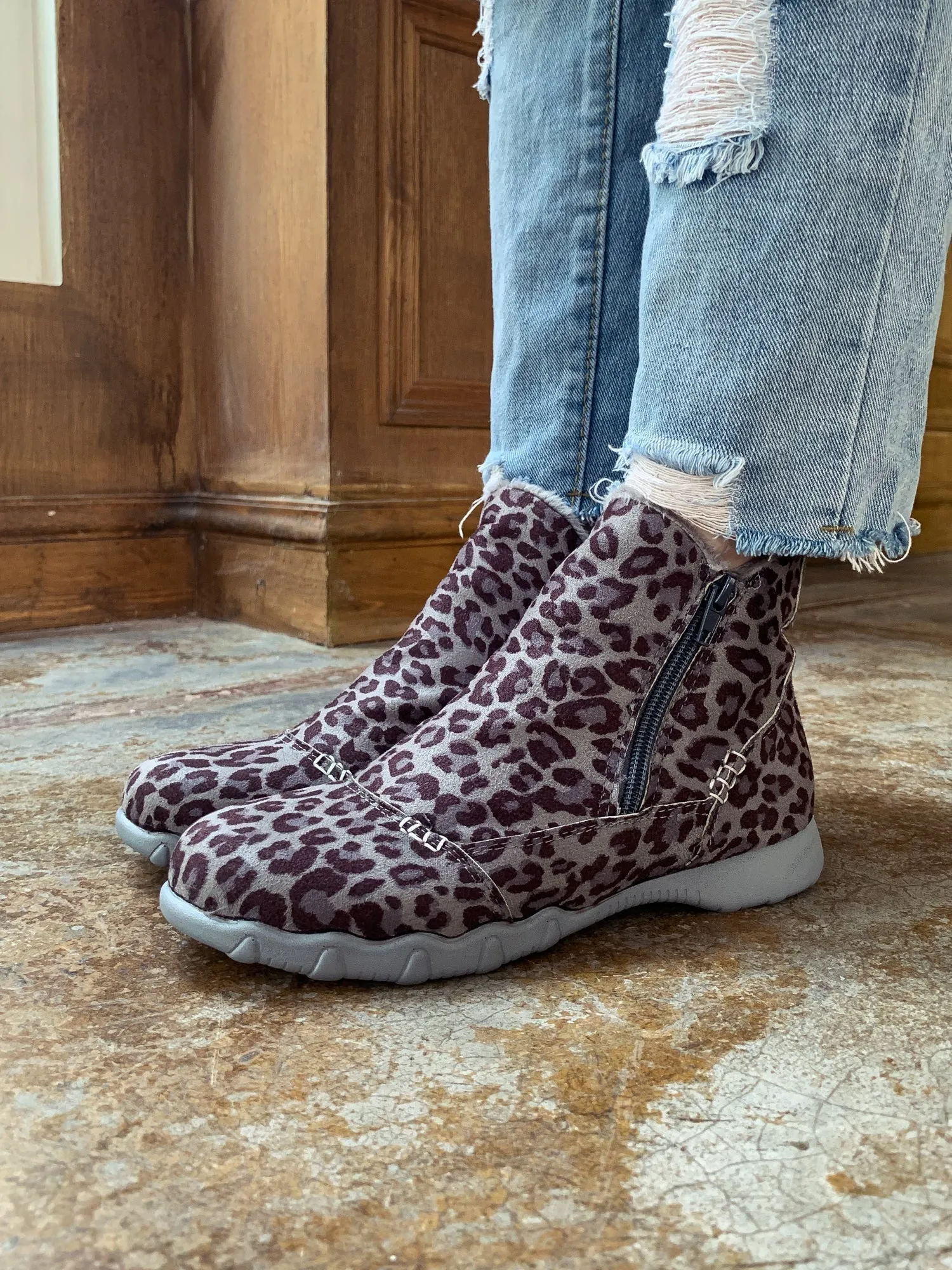 Grey Leopard Plush-Lined Low Ankle Boot