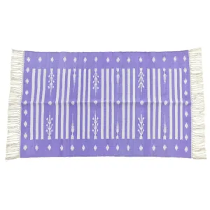 Handwoven Purple and White Stripe Cotton Rug with Fringes