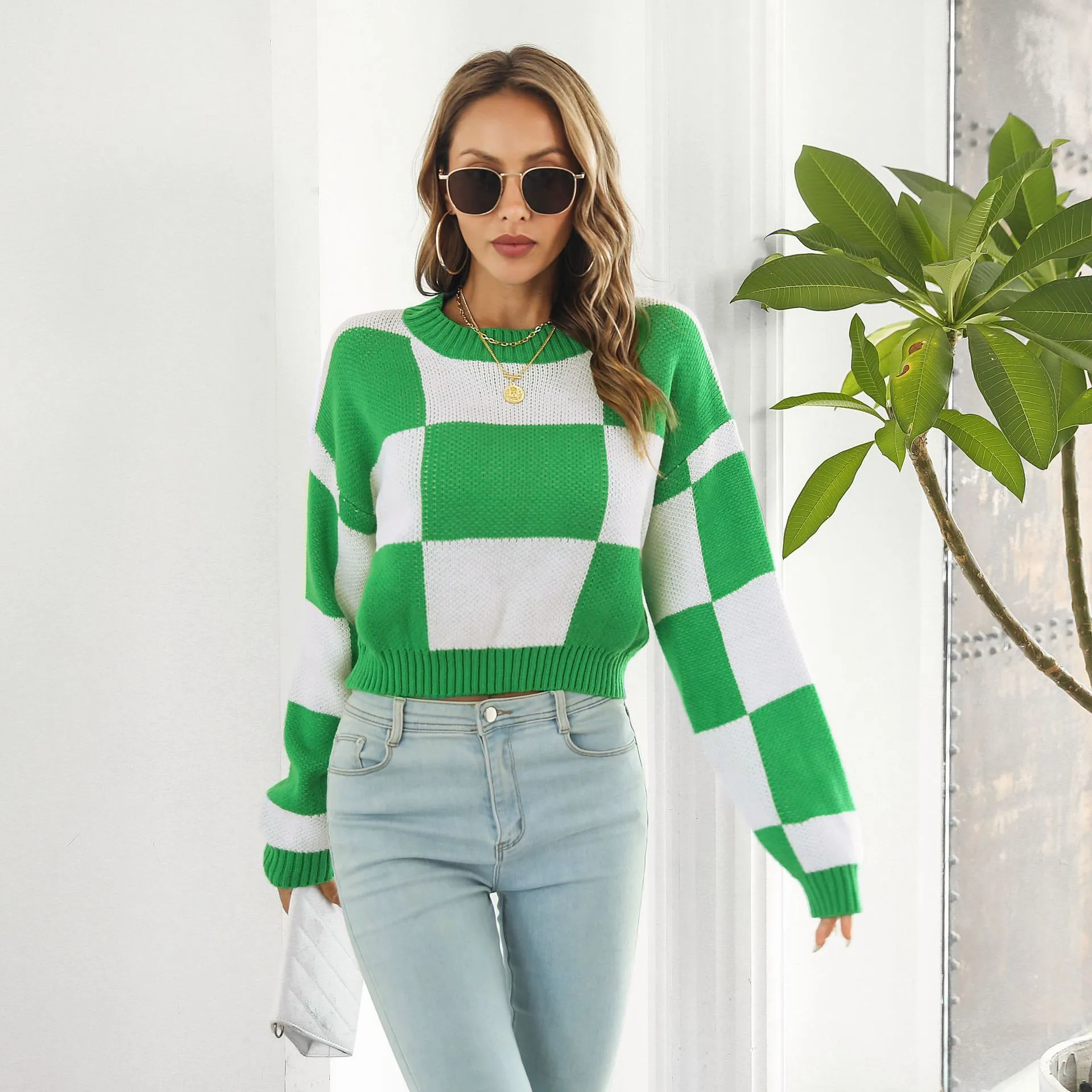 Impact Checkered Knit Cropped Long Sleeve Sweater