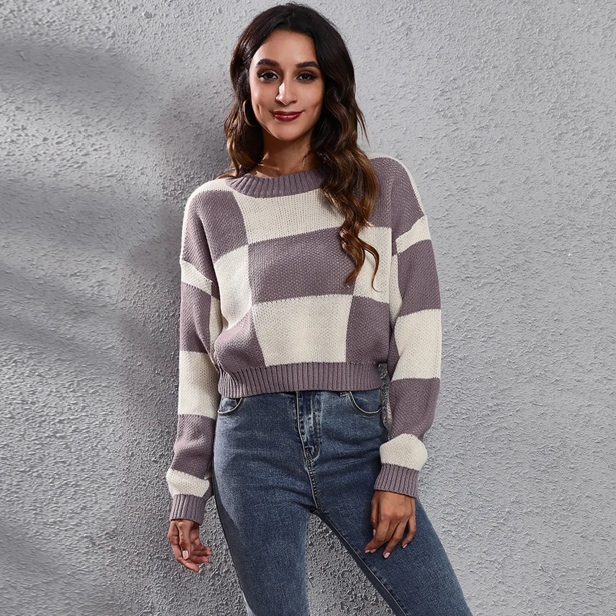 Impact Checkered Knit Cropped Long Sleeve Sweater