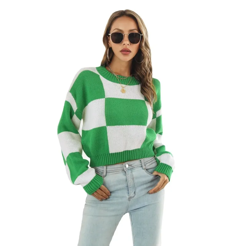 Impact Checkered Knit Cropped Long Sleeve Sweater