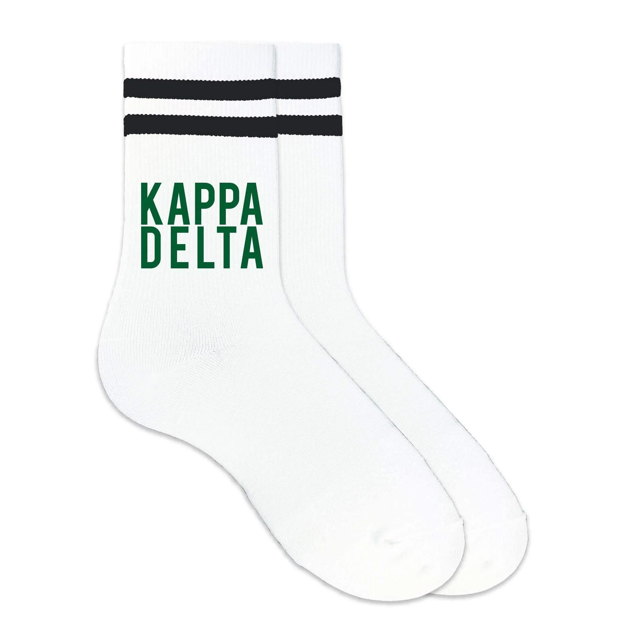 Kappa Delta in Sorority Color on Striped Crew Socks