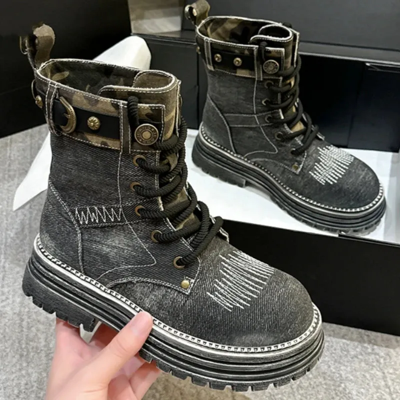 Lace-up Denim Canvas High Top Ankle Boots