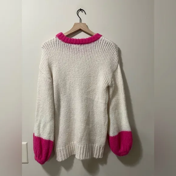 Lovers   Friends Cream &amp; Hot Pink Wool Alpaca Blend Crewneck Sweater Size XXS