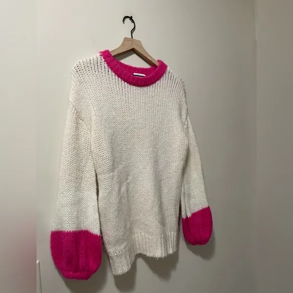 Lovers   Friends Cream &amp; Hot Pink Wool Alpaca Blend Crewneck Sweater Size XXS