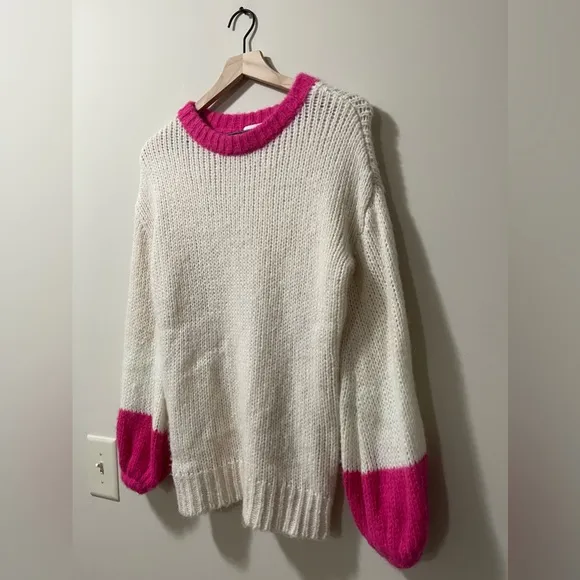 Lovers   Friends Cream &amp; Hot Pink Wool Alpaca Blend Crewneck Sweater Size XXS