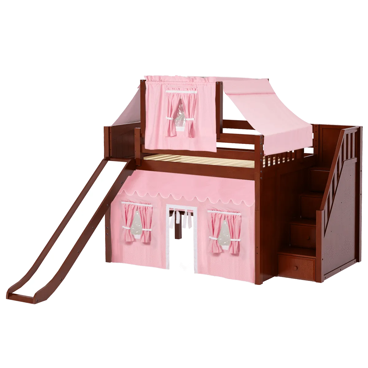 Maxtrix Full Mid Loft Bed with Stairs, Curtain, Top Tent   Slide