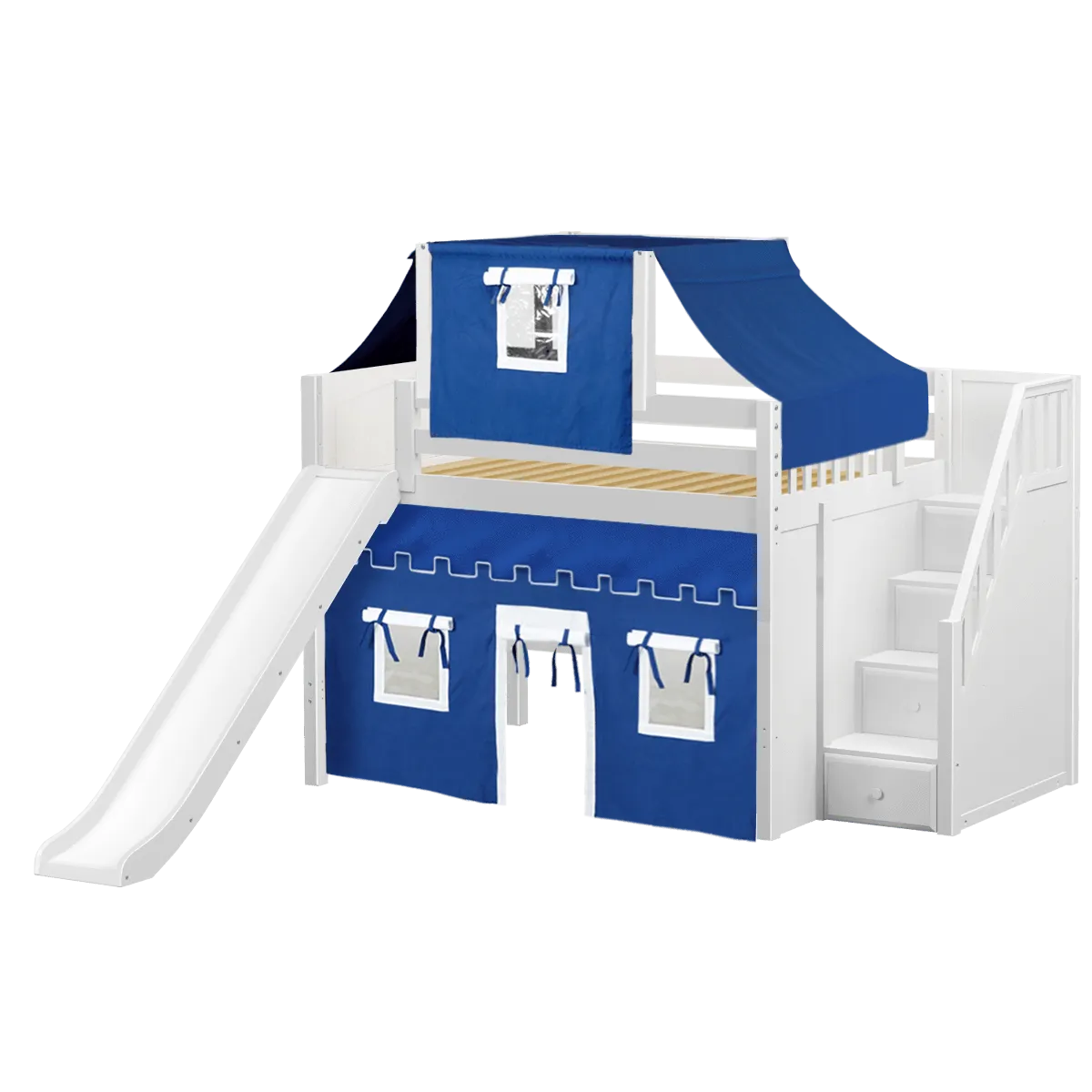 Maxtrix Full Mid Loft Bed with Stairs, Curtain, Top Tent   Slide