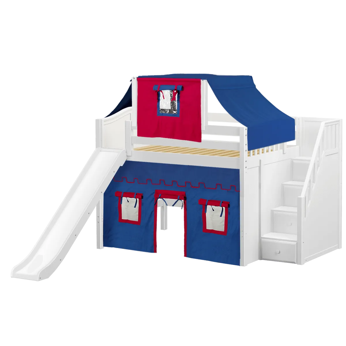 Maxtrix Full Mid Loft Bed with Stairs, Curtain, Top Tent   Slide