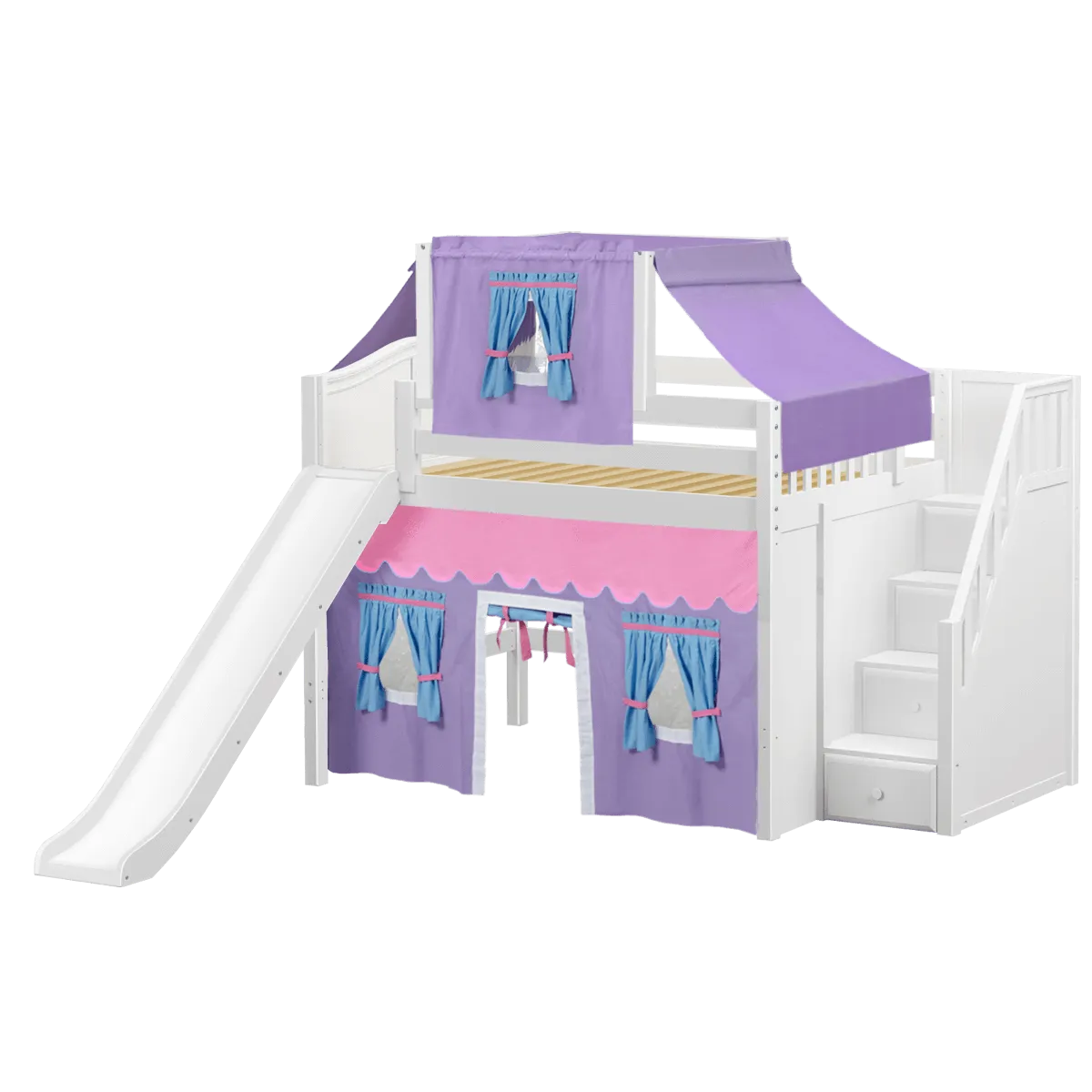 Maxtrix Full Mid Loft Bed with Stairs, Curtain, Top Tent   Slide
