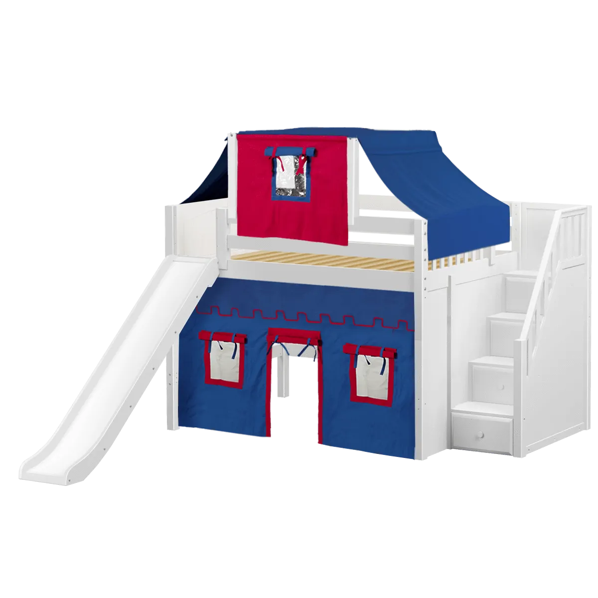 Maxtrix Full Mid Loft Bed with Stairs, Curtain, Top Tent   Slide