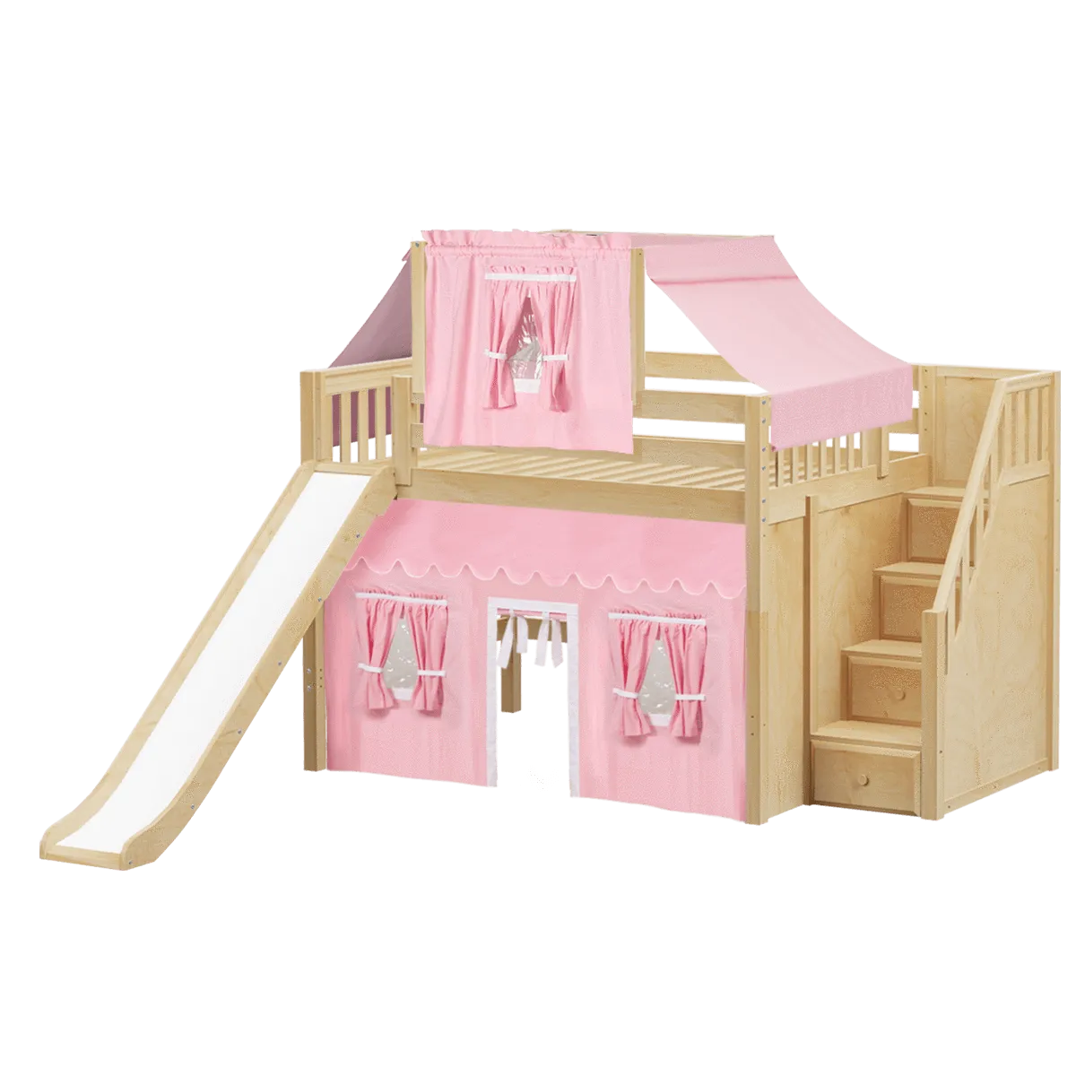 Maxtrix Full Mid Loft Bed with Stairs, Curtain, Top Tent   Slide