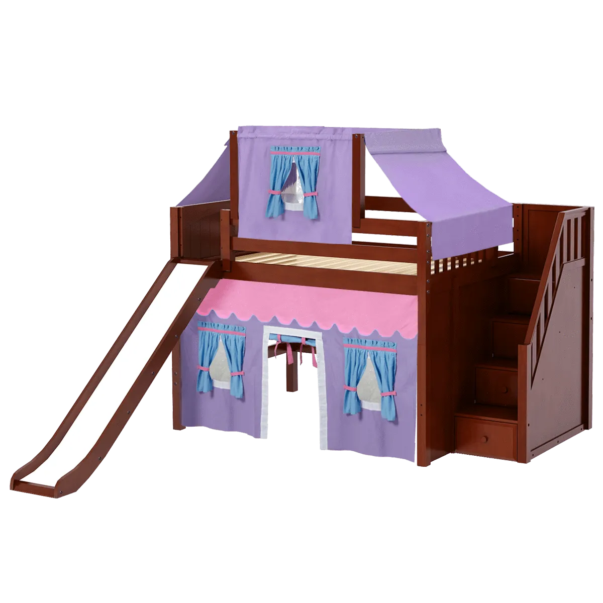 Maxtrix Full Mid Loft Bed with Stairs, Curtain, Top Tent   Slide
