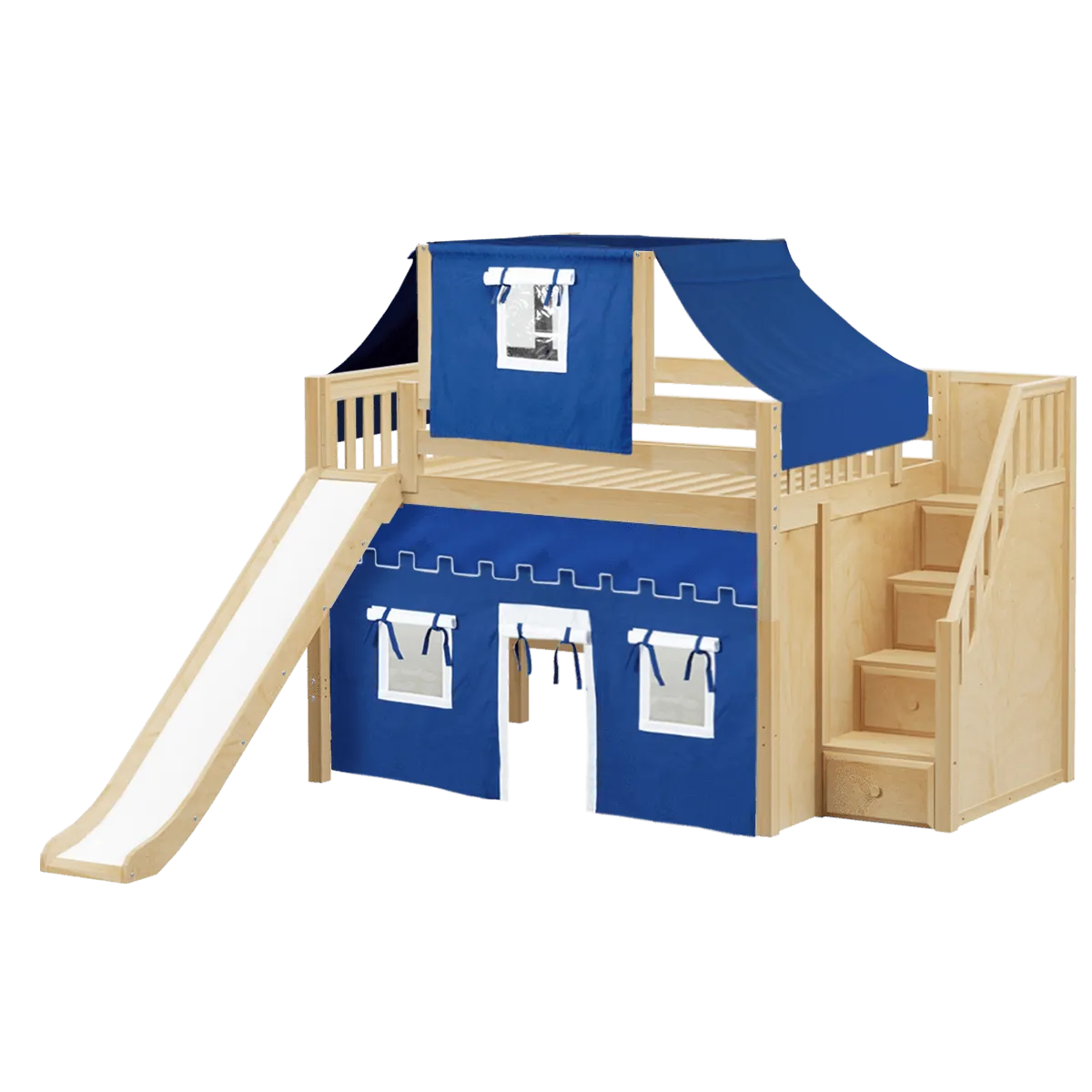 Maxtrix Full Mid Loft Bed with Stairs, Curtain, Top Tent   Slide