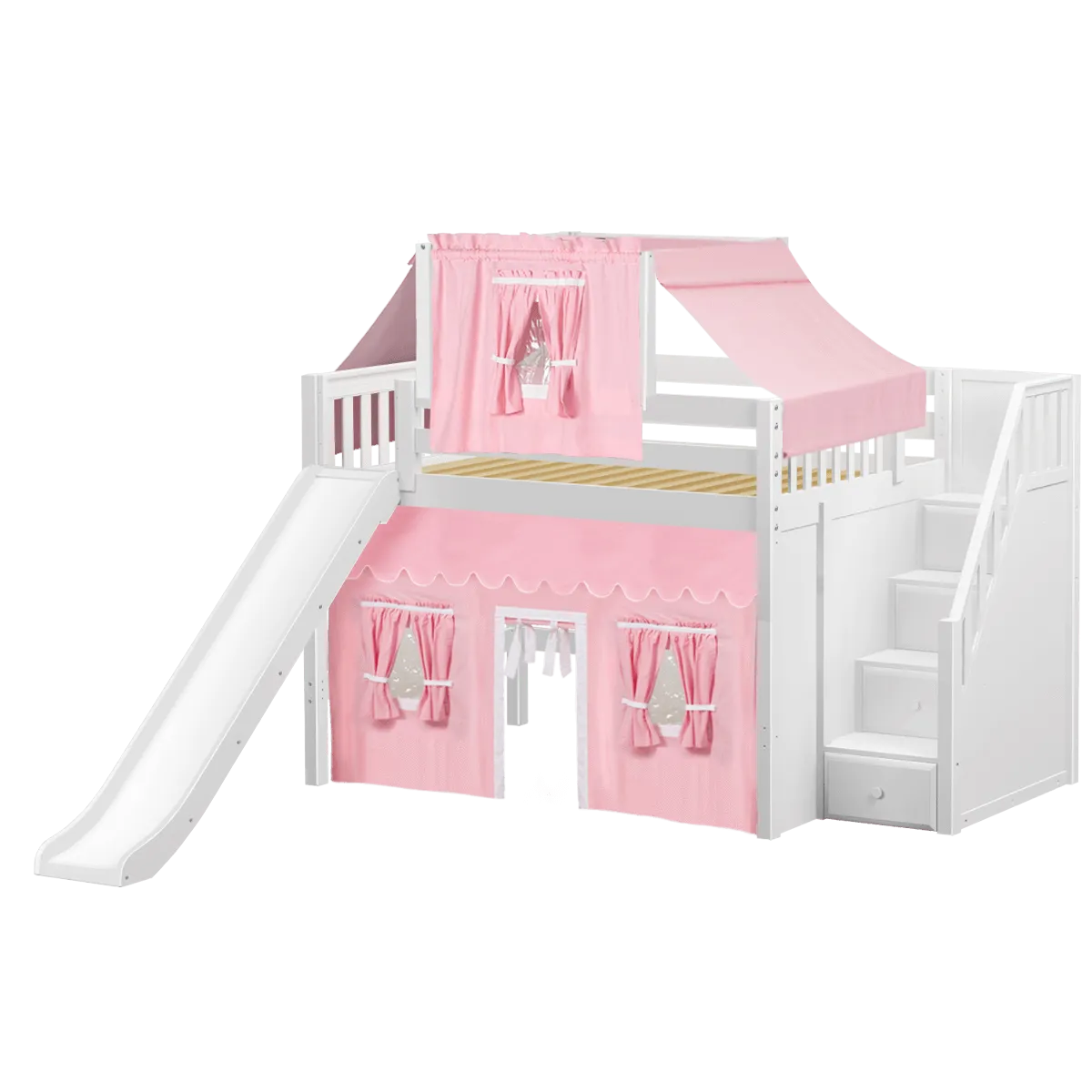 Maxtrix Full Mid Loft Bed with Stairs, Curtain, Top Tent   Slide