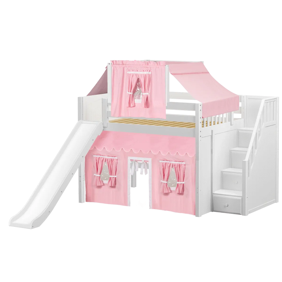 Maxtrix Full Mid Loft Bed with Stairs, Curtain, Top Tent   Slide