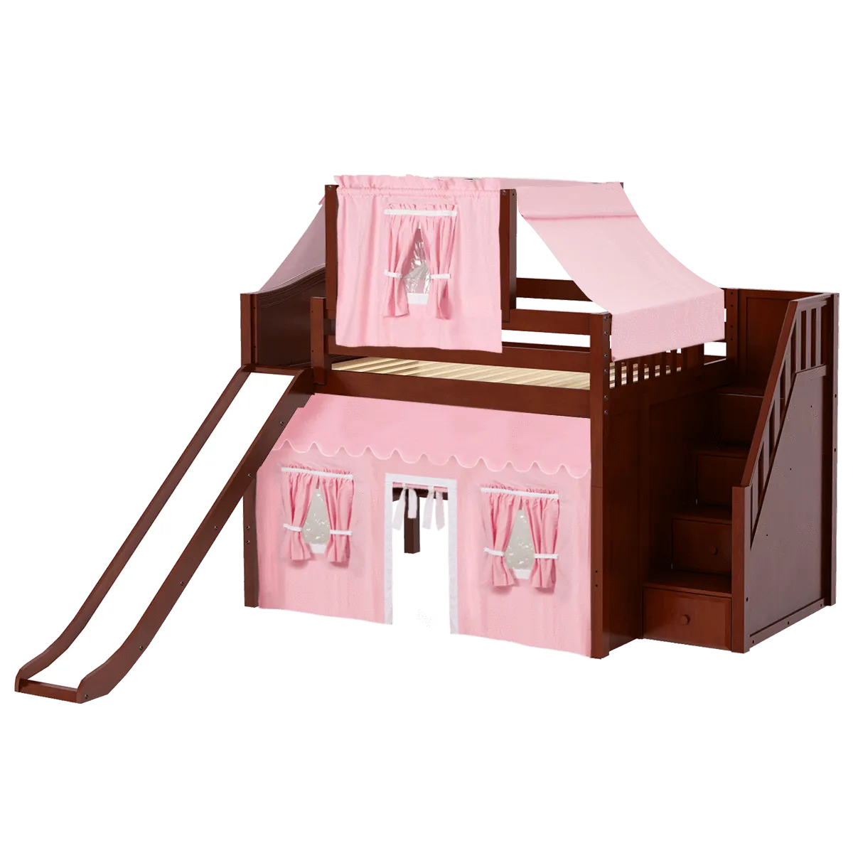 Maxtrix Full Mid Loft Bed with Stairs, Curtain, Top Tent   Slide