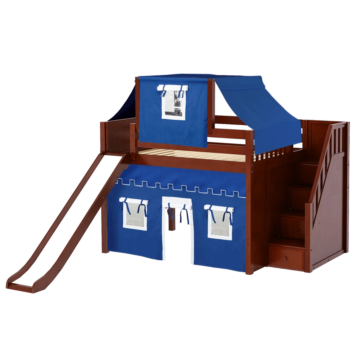 Maxtrix Full Mid Loft Bed with Stairs, Curtain, Top Tent   Slide
