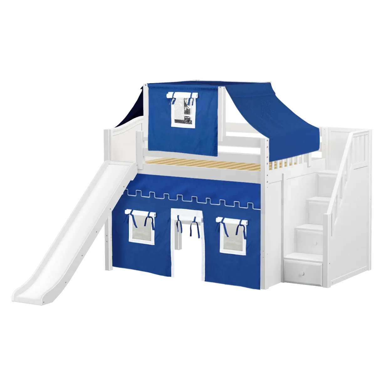 Maxtrix Full Mid Loft Bed with Stairs, Curtain, Top Tent   Slide