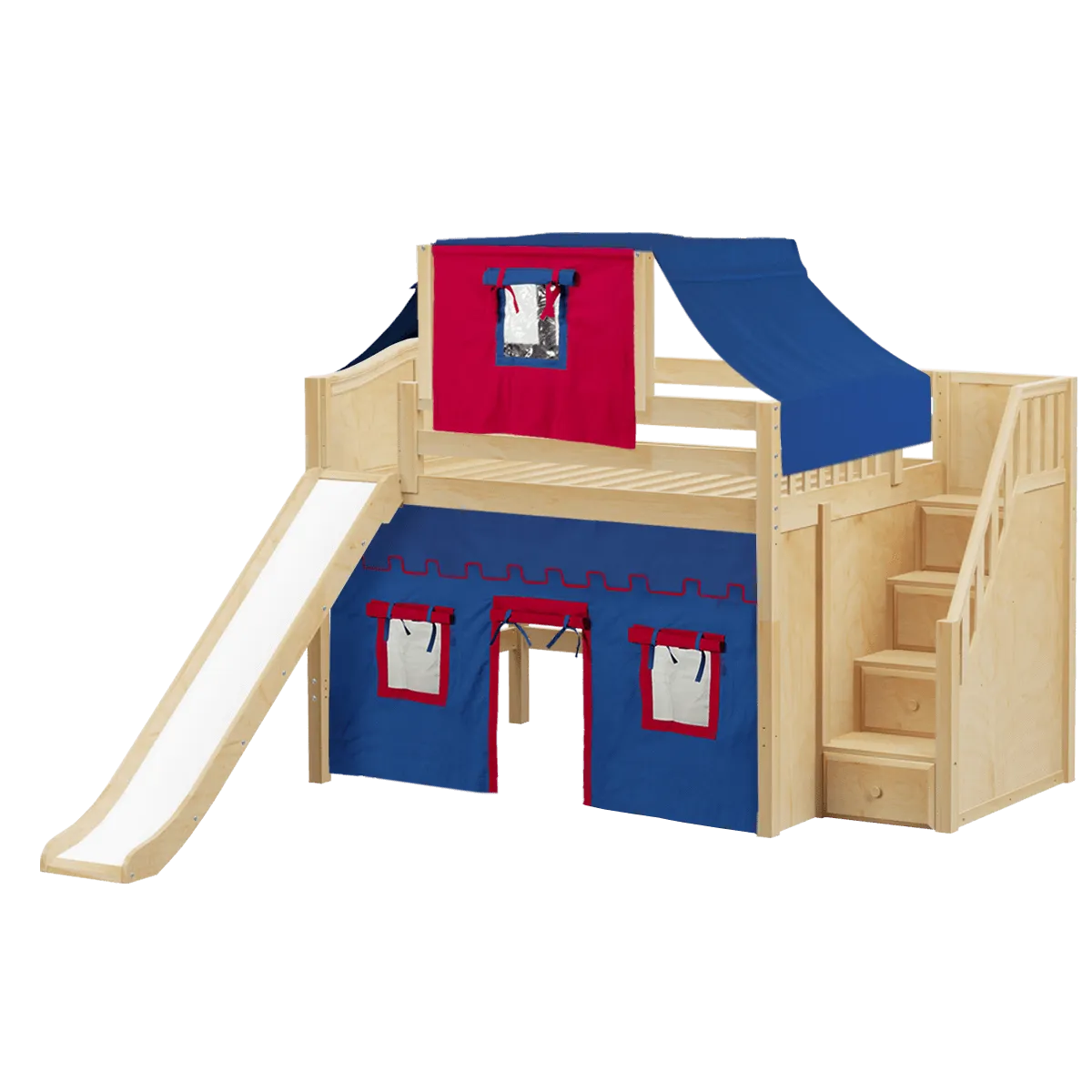 Maxtrix Full Mid Loft Bed with Stairs, Curtain, Top Tent   Slide
