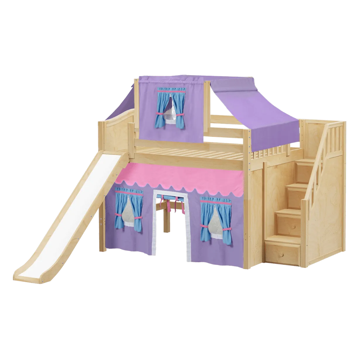 Maxtrix Full Mid Loft Bed with Stairs, Curtain, Top Tent   Slide