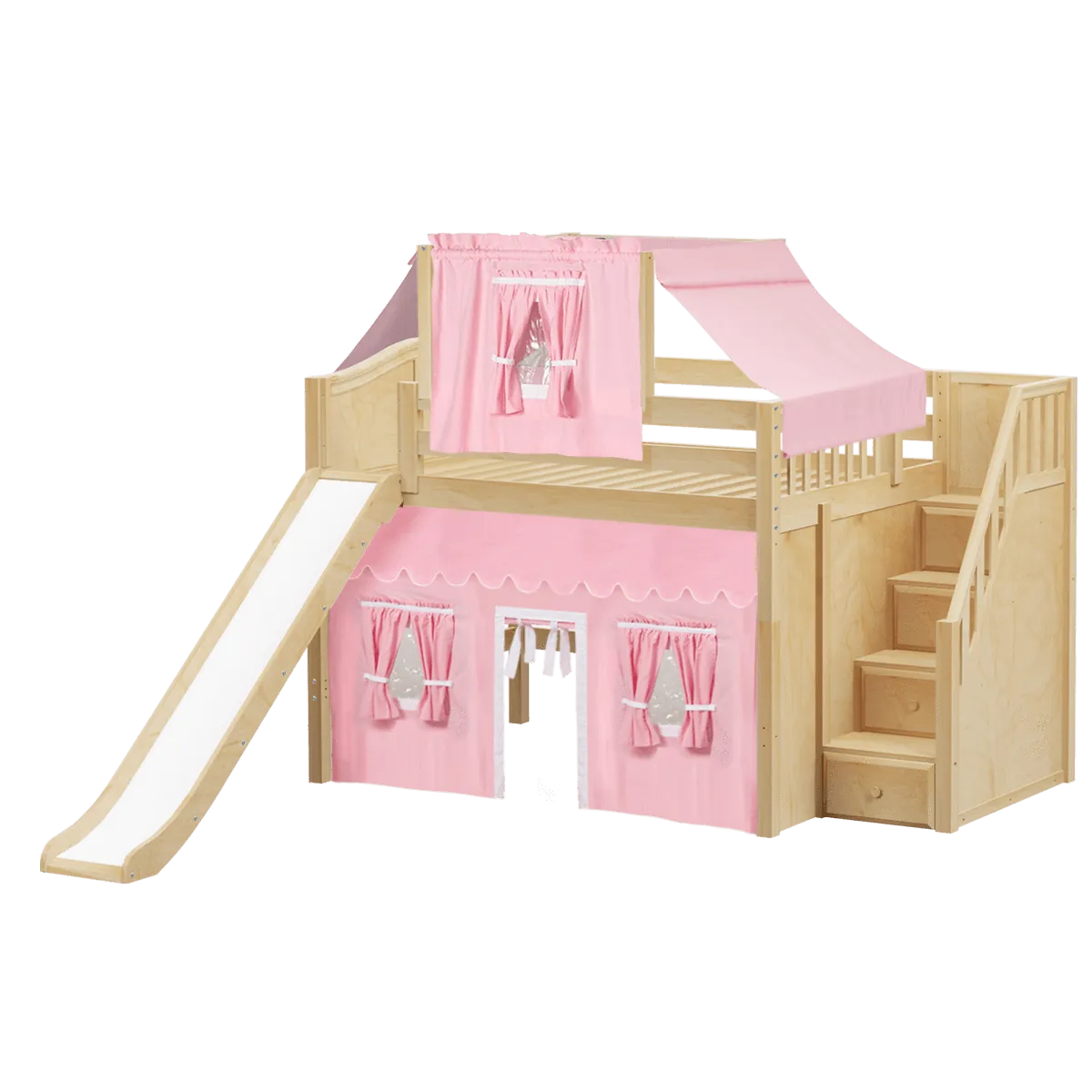 Maxtrix Full Mid Loft Bed with Stairs, Curtain, Top Tent   Slide