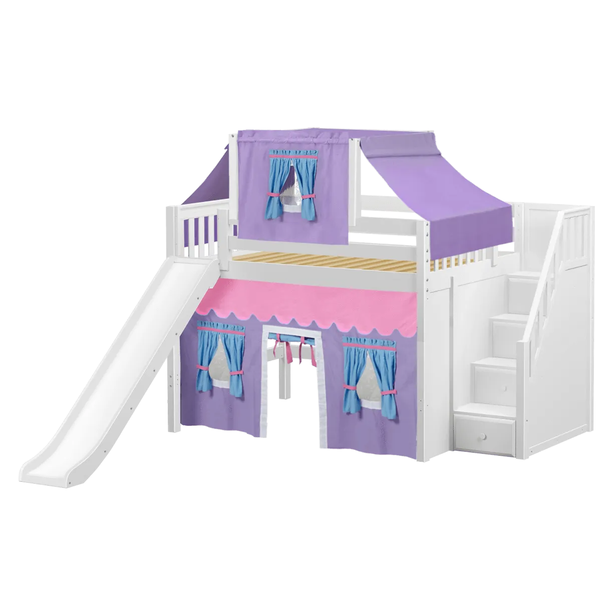 Maxtrix Full Mid Loft Bed with Stairs, Curtain, Top Tent   Slide