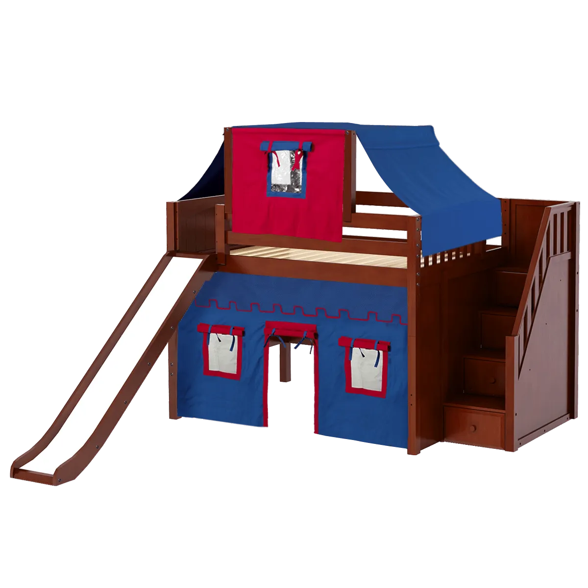 Maxtrix Full Mid Loft Bed with Stairs, Curtain, Top Tent   Slide