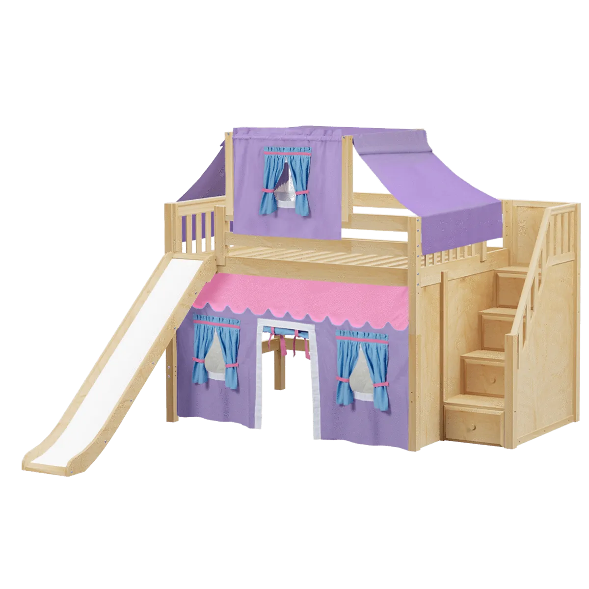 Maxtrix Full Mid Loft Bed with Stairs, Curtain, Top Tent   Slide