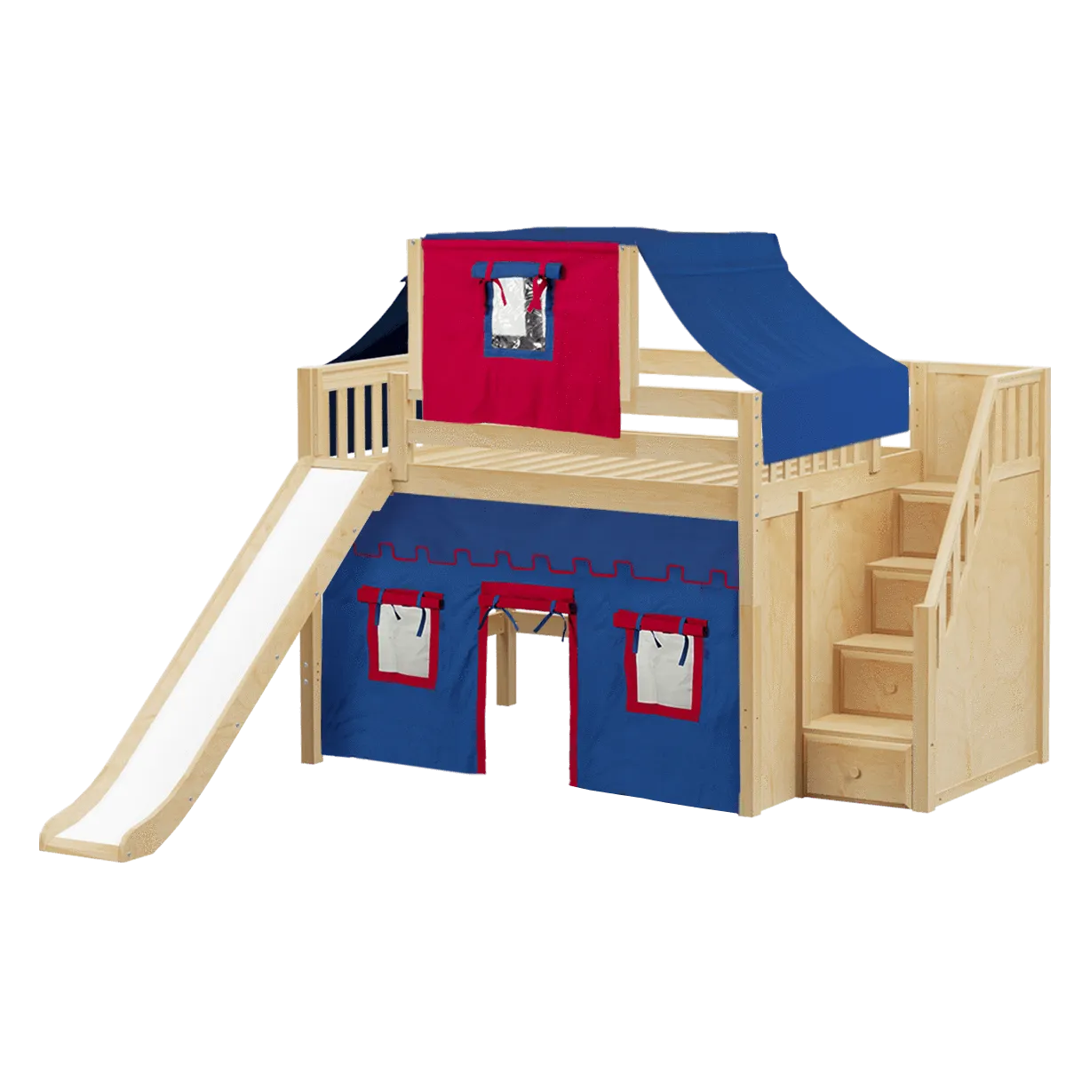 Maxtrix Full Mid Loft Bed with Stairs, Curtain, Top Tent   Slide