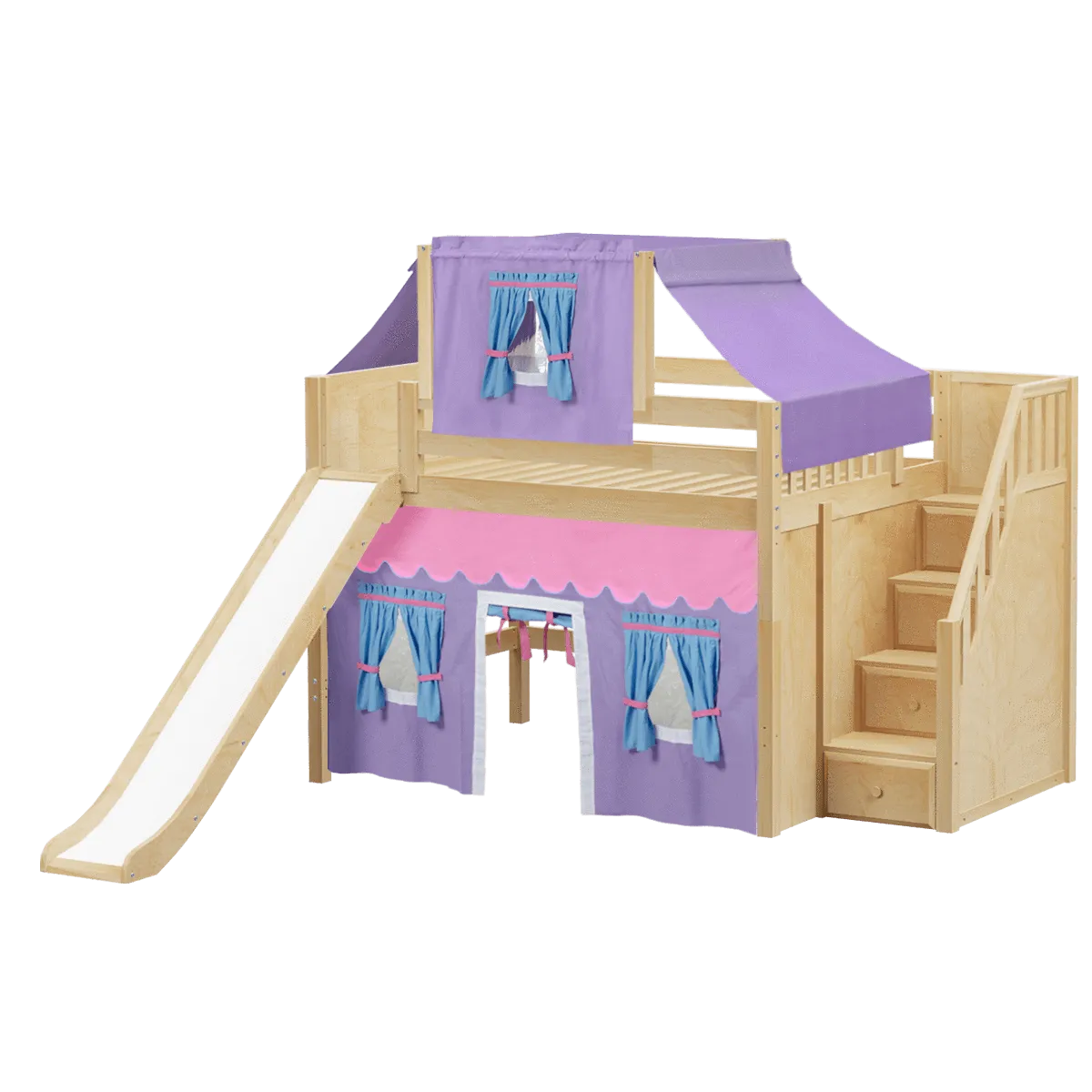 Maxtrix Full Mid Loft Bed with Stairs, Curtain, Top Tent   Slide