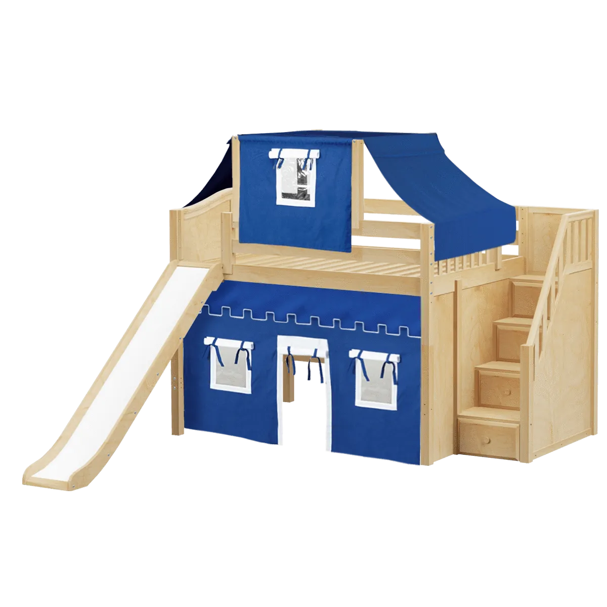 Maxtrix Full Mid Loft Bed with Stairs, Curtain, Top Tent   Slide