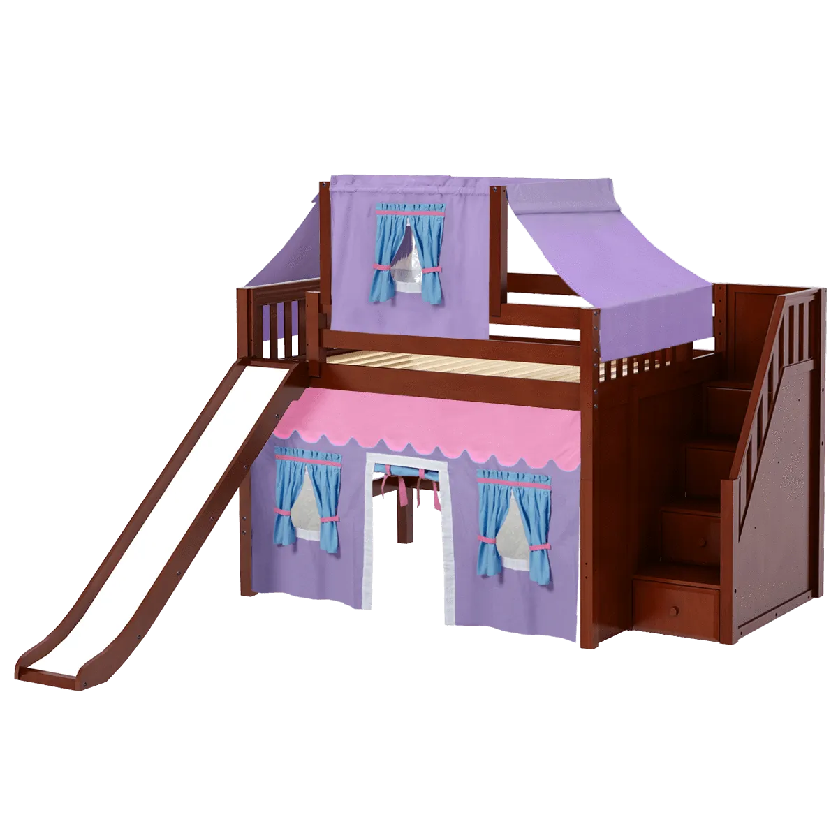 Maxtrix Full Mid Loft Bed with Stairs, Curtain, Top Tent   Slide