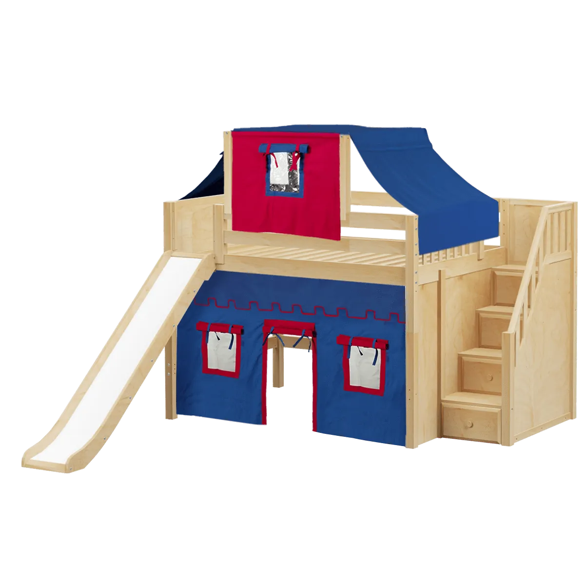 Maxtrix Full Mid Loft Bed with Stairs, Curtain, Top Tent   Slide