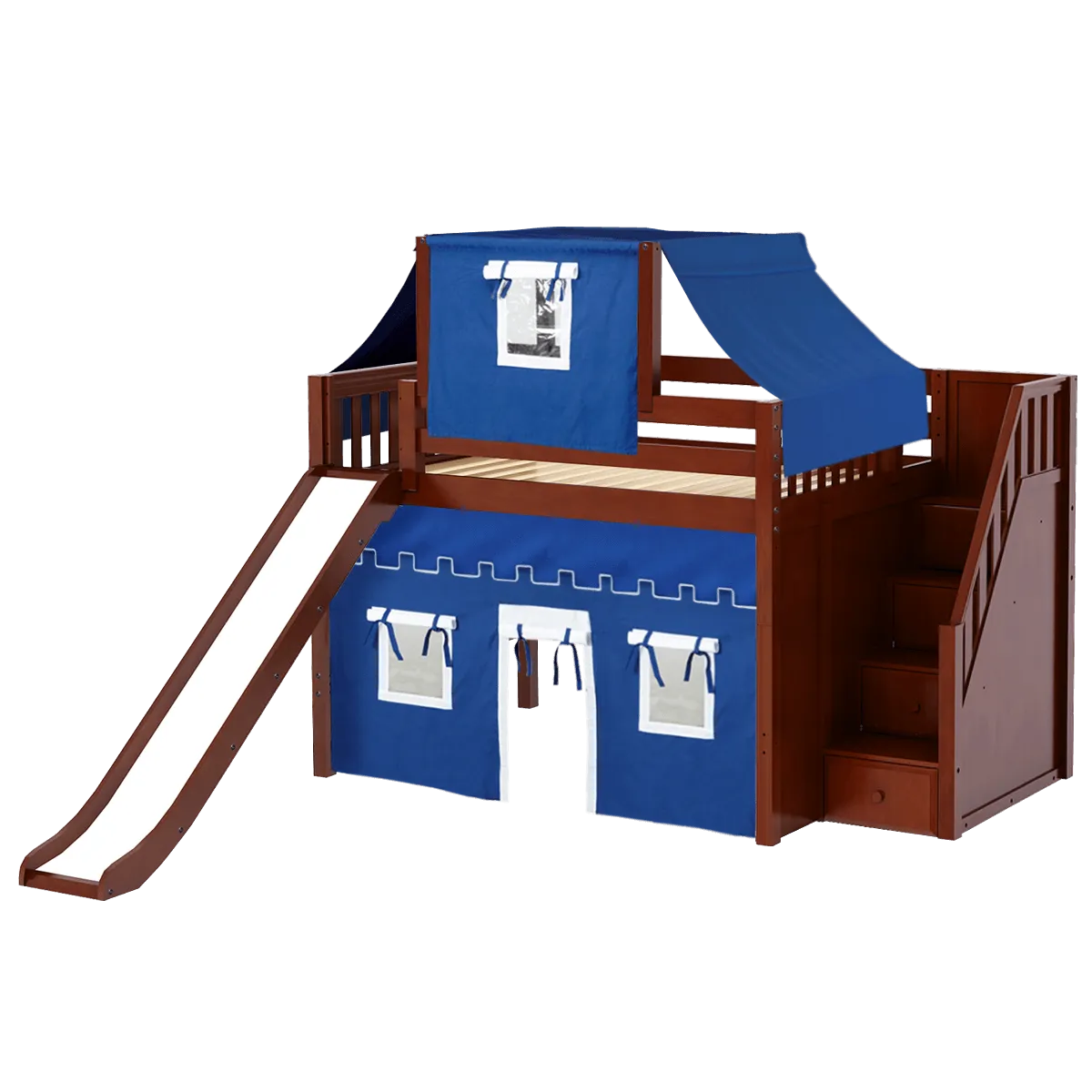 Maxtrix Full Mid Loft Bed with Stairs, Curtain, Top Tent   Slide