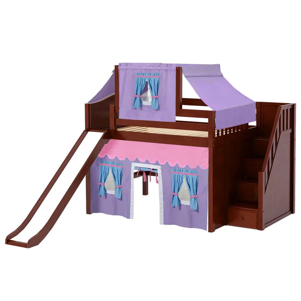 Maxtrix Full Mid Loft Bed with Stairs, Curtain, Top Tent   Slide