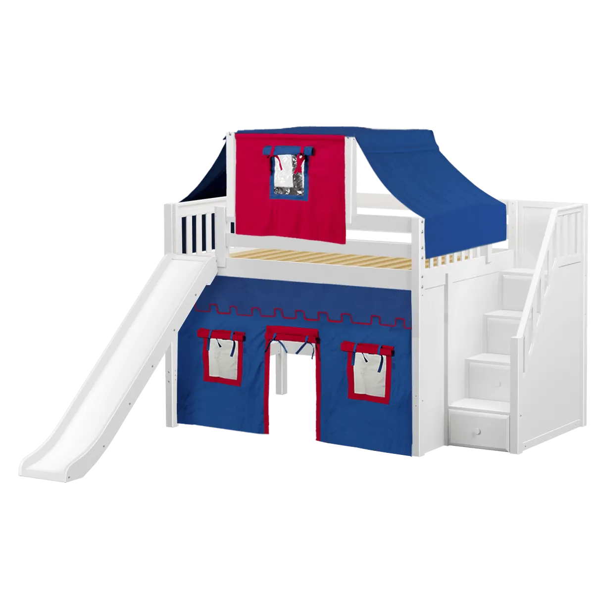 Maxtrix Full Mid Loft Bed with Stairs, Curtain, Top Tent   Slide