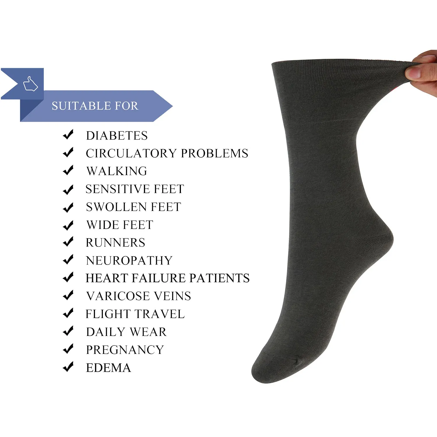 MD Cotton Non-Binding Crew Socks with Seamless Toe and Cushion Sole (2 Pairs)