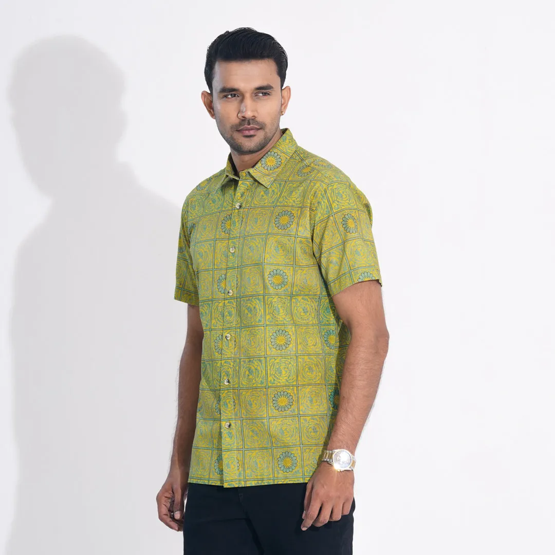 Mens Yellow Printed Cotton Shirt