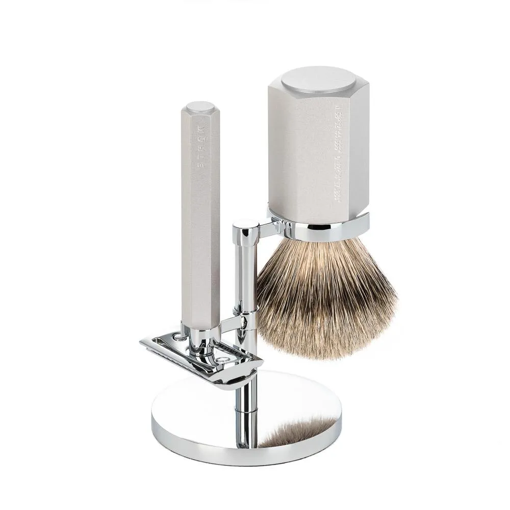 MÜHLE HEXAGON 3 Pc. Shaving Set, Silvertip Badger / Safety Razor, Pure
