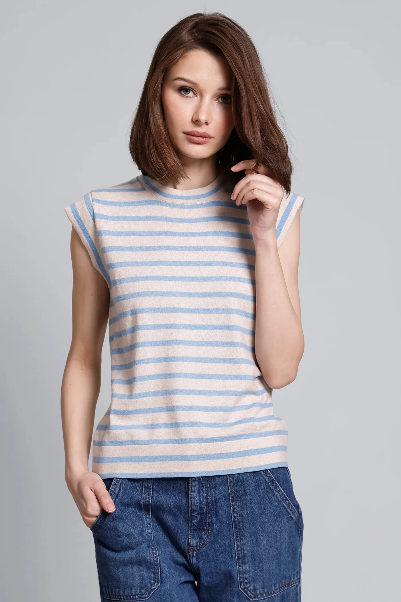 Minnie Rose Cotton Striped Cap Sleeve Crew