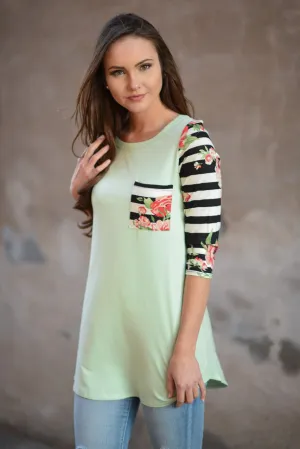 Mint Floral Striped Sleeve Top