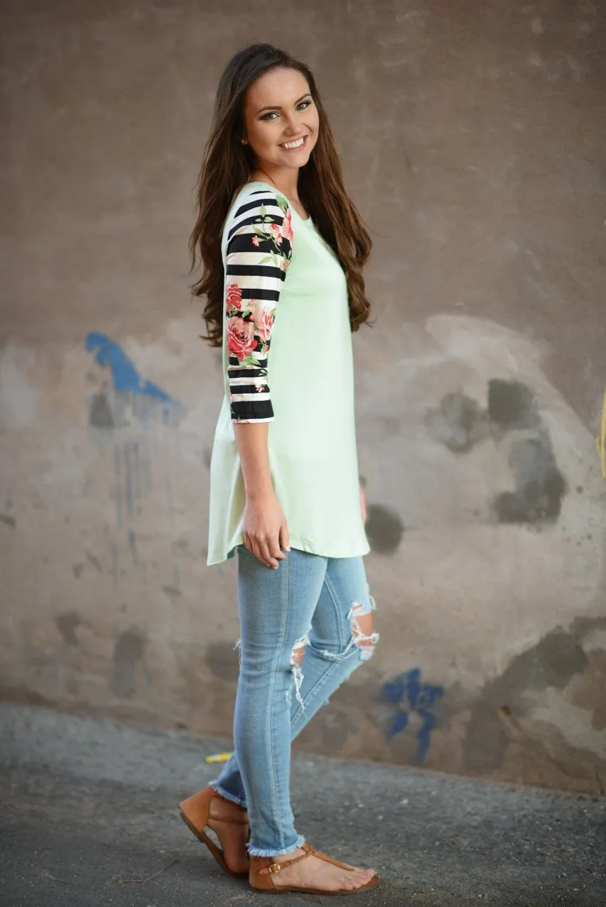 Mint Floral Striped Sleeve Top