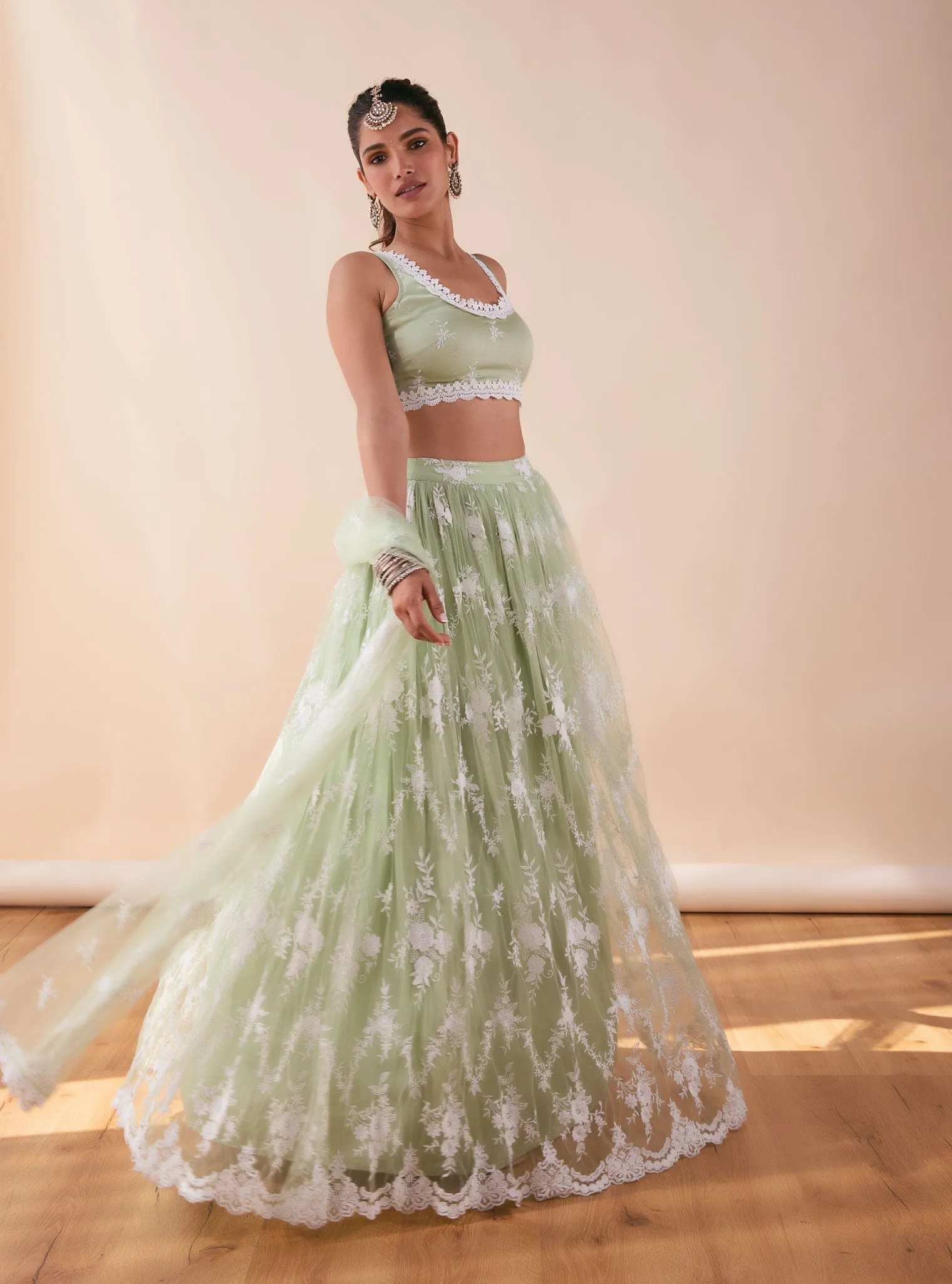Mulmul Almora Green Net Lehenga